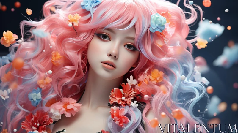 AI ART Young Woman Portrait with Pink Hair and Flowers
