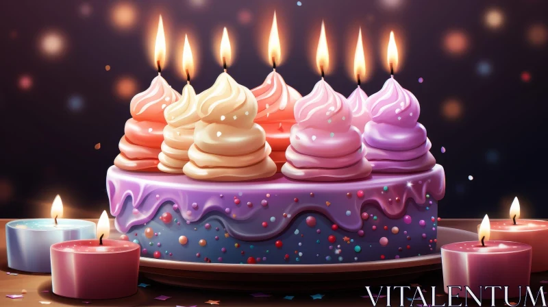 AI ART Birthday Cake with Purple Frosting and Candles