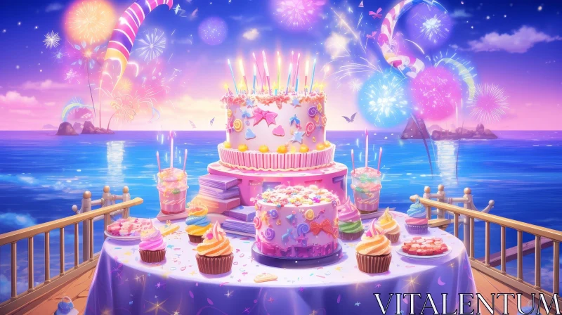 Birthday Party Celebration on Boat with Sunset and Fireworks AI Image