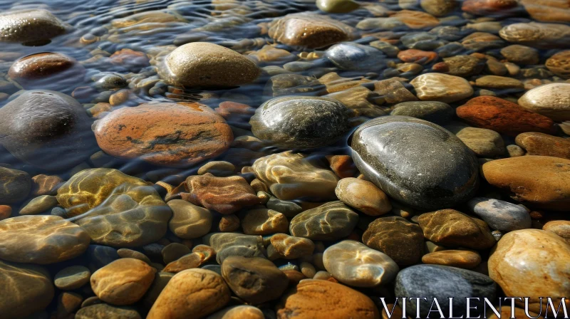 Close-Up of Riverbed with Smooth Water-Worn Stones AI Image