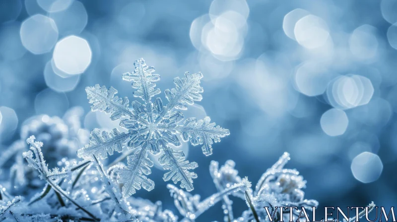Close-up Snowflake on Plant Stem | Delicate Winter Beauty AI Image