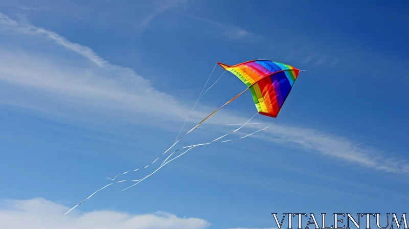 Colorful Rainbow Kite Flying High in the Blue Sky AI Image