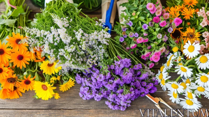 Freshly Cut Flower Bouquet on Wooden Table - Captivating Floral Arrangement AI Image