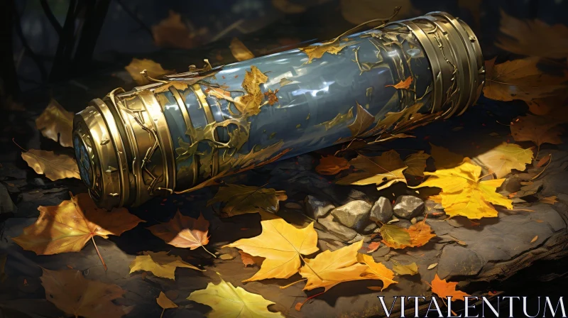 AI ART Golden Glass Canister with Leaves and Liquid