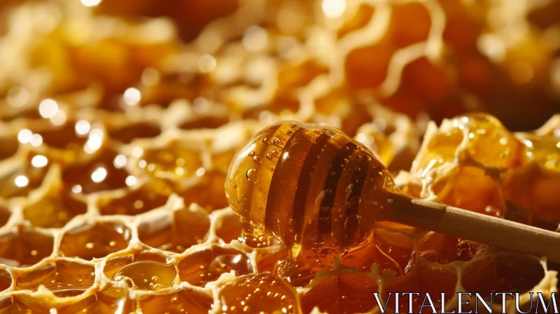 Golden Honey Dripping from Wooden Dipper on Hexagonal Honeycomb AI Image