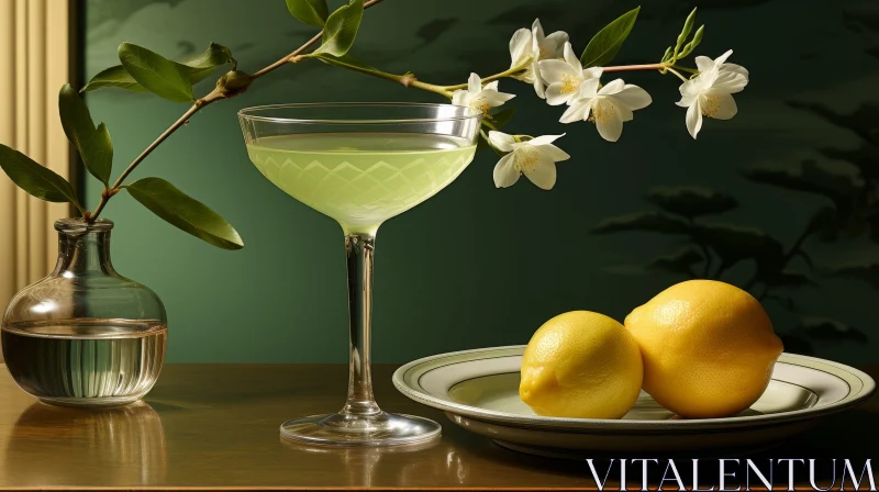 Green Cocktail Still Life with Jasmine and Lemons AI Image