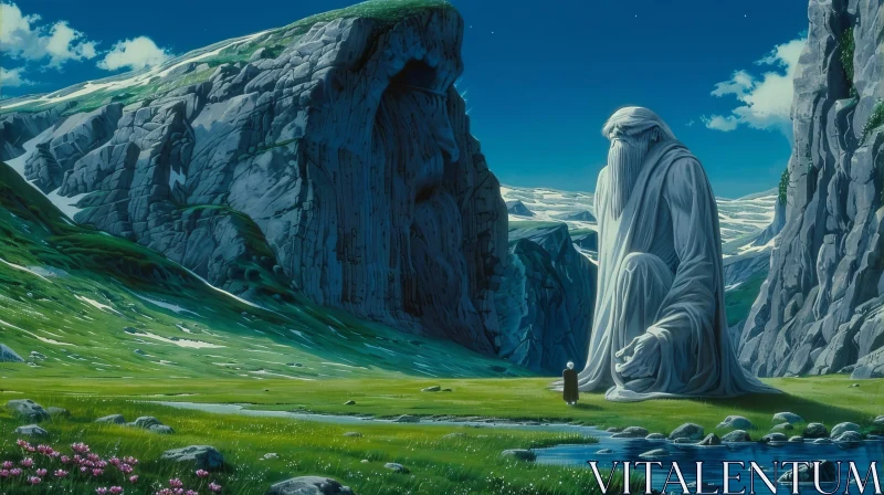 Majestic Valley Painting with Statue - Peaceful Nature Scene AI Image