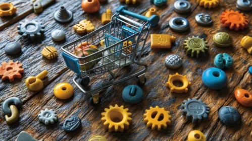 Miniature Shopping Cart Filled with Colorful Plastic Objects