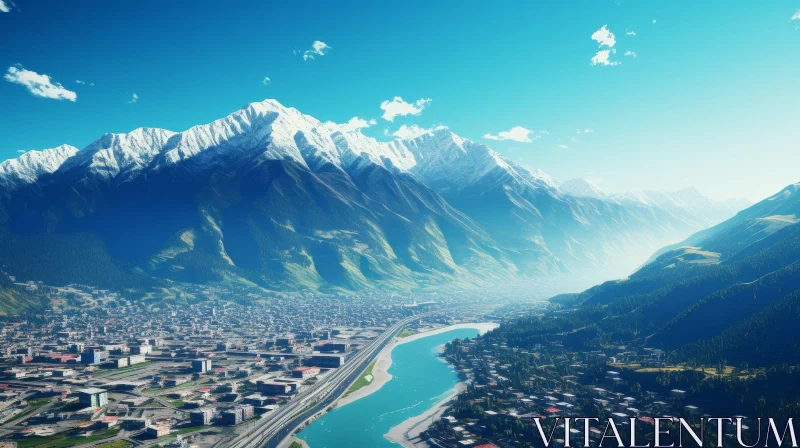 AI ART Mountain Valley City River Scenic View