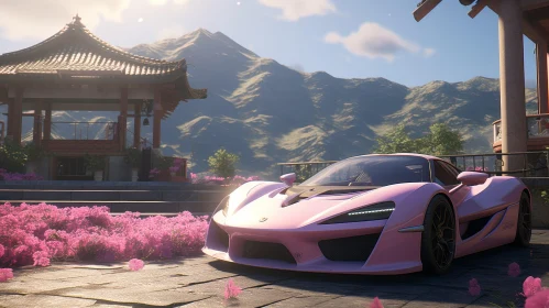 Pink Sports Car at Chinese Pavilion with Mountain View