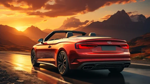 Red Audi S5 Convertible Driving in Mountains at Sunset