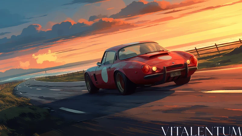 Red Sports Car Driving on Coastal Road at Sunset AI Image