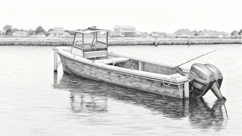 Serene Black and White Boat Drawing on Calm River