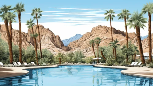 Swimming Pool Oasis in Desert Digital Painting