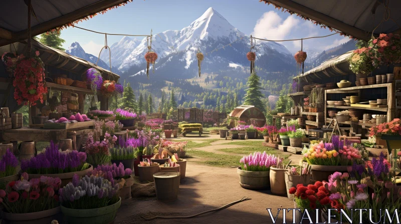 Tranquil Mountain Valley Landscape with Farmer's Market AI Image