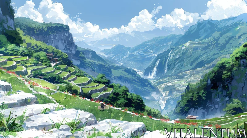 AI ART Tranquil Valley Landscape in the Mountains