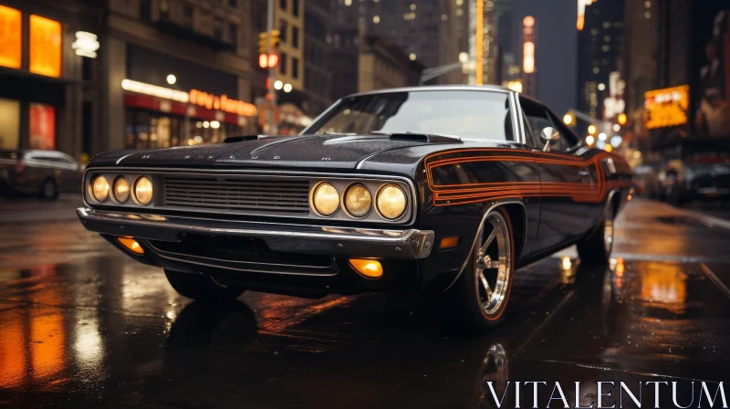 Vintage Muscle Car on City Street at Night AI Image