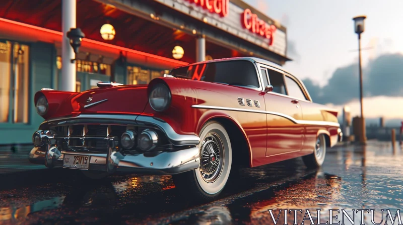 AI ART Vintage Red Retro Car Parked in Front of Diner