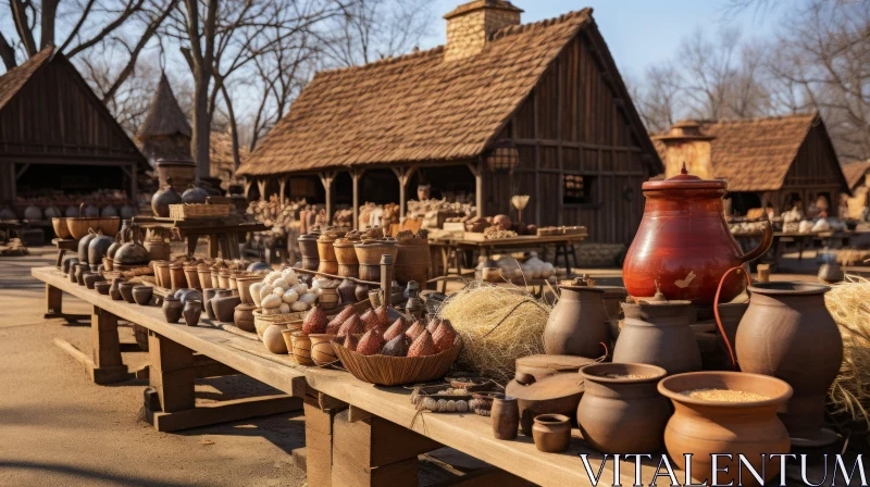 Vintage Wooden Houses and Pottery Exhibit AI Image