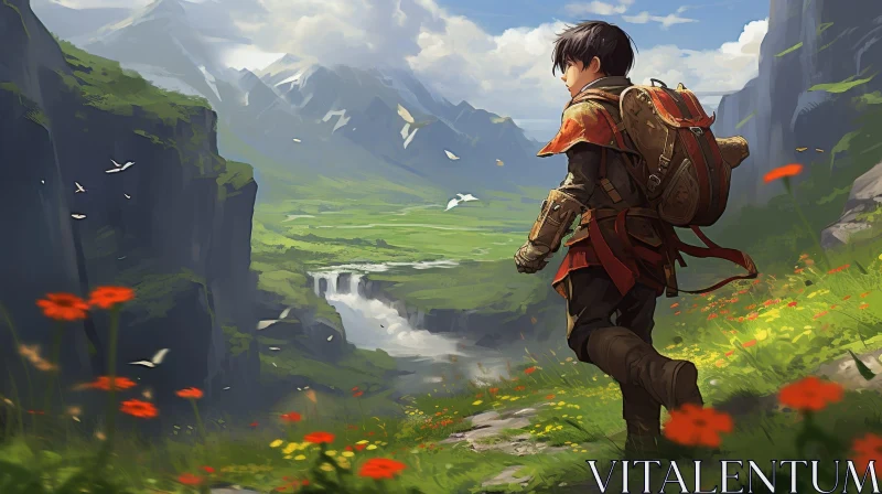 Young Man on Cliff Overlooking Green Mountainous Landscape AI Image