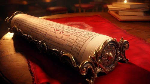 Ancient Scroll with Foreign Writing and Candle