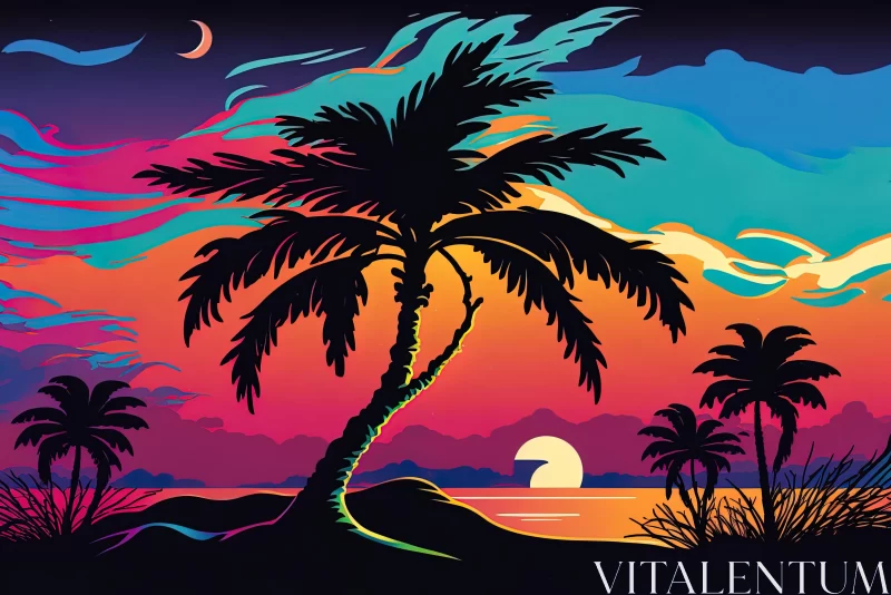 Captivating Tropical Landscape in Dark Pop Art Style | Moonlit Seascapes AI Image