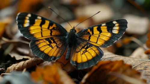 Close-up of a Butterfly with Vibrant Wings on a Bed of Leaves
