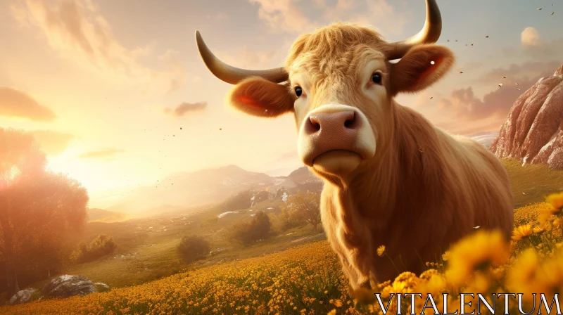 Cow in Field of Yellow Flowers at Sunset AI Image