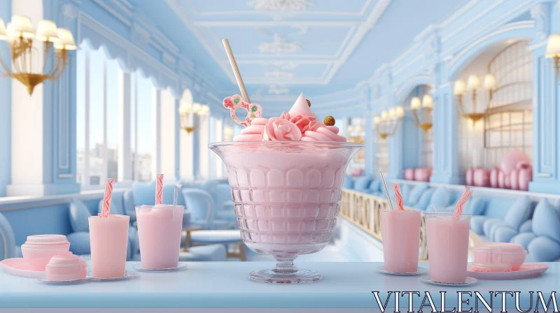 Delicious Pink Milkshake on Blue Table AI Image