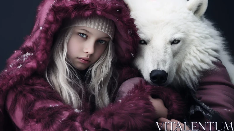 AI ART Enchanting Encounter: Girl and White Wolf in Winter Forest