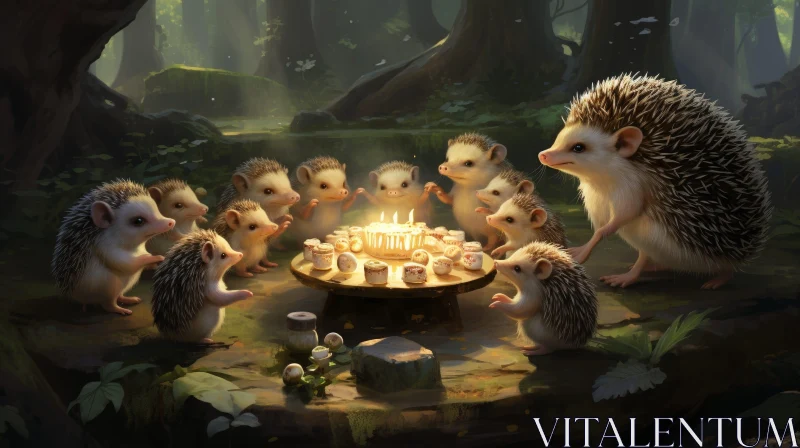 Enchanting Hedgehog Party in Forest AI Image