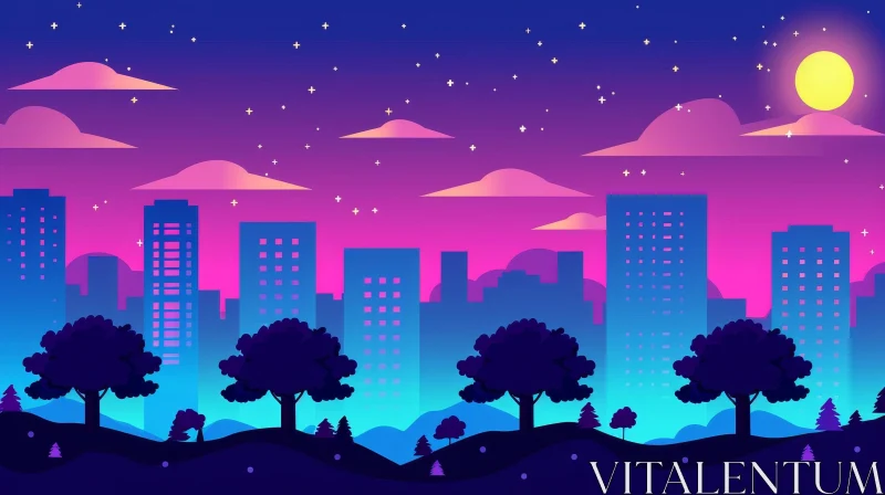 Enchanting Night Cityscape with Stars and Moon AI Image