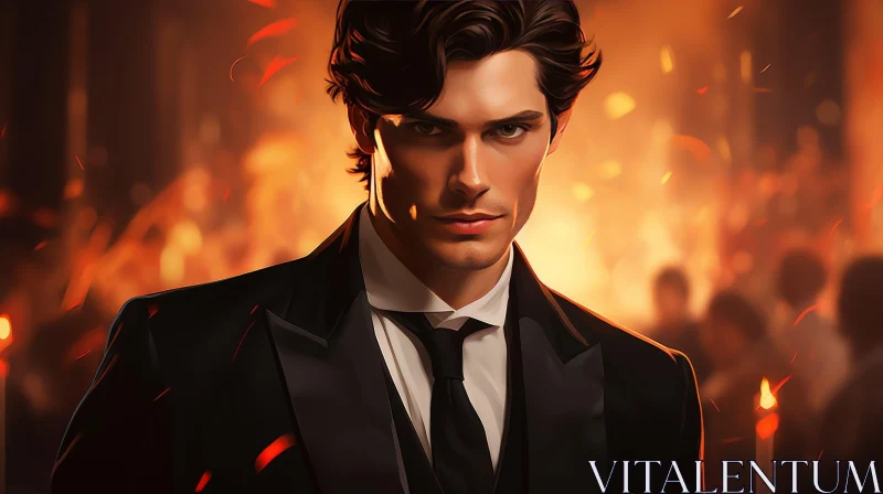 Intense Portrait of a Handsome Young Man in Black Suit AI Image