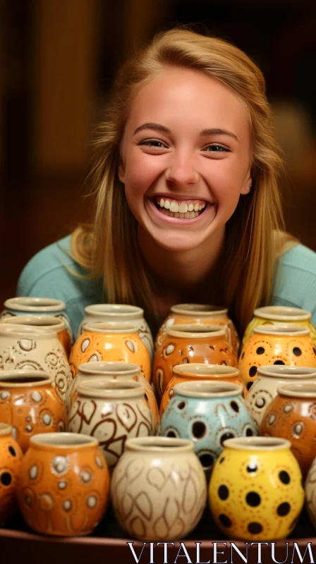 Joyful Pottery Display by Smiling Woman in Soft Lighting AI Image