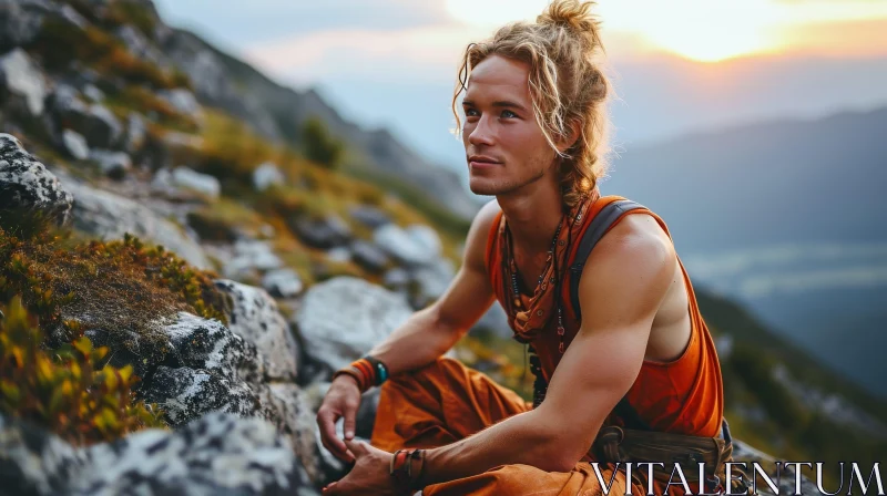 Male Model in Mountains at Sunset AI Image