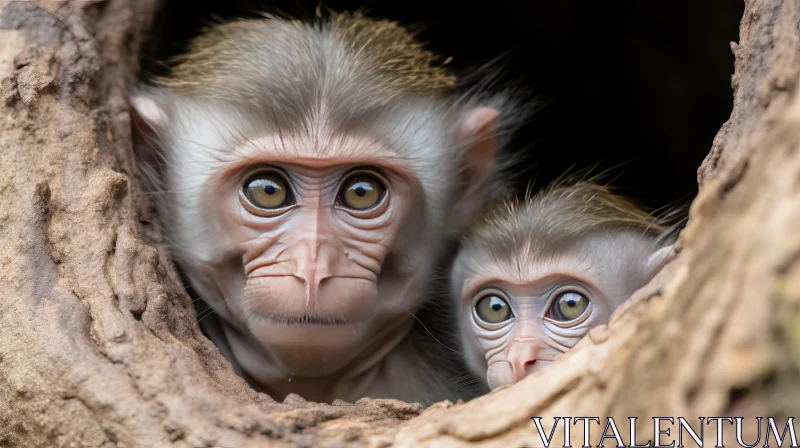 Monkeys - Mother and Baby in Tree Trunk AI Image