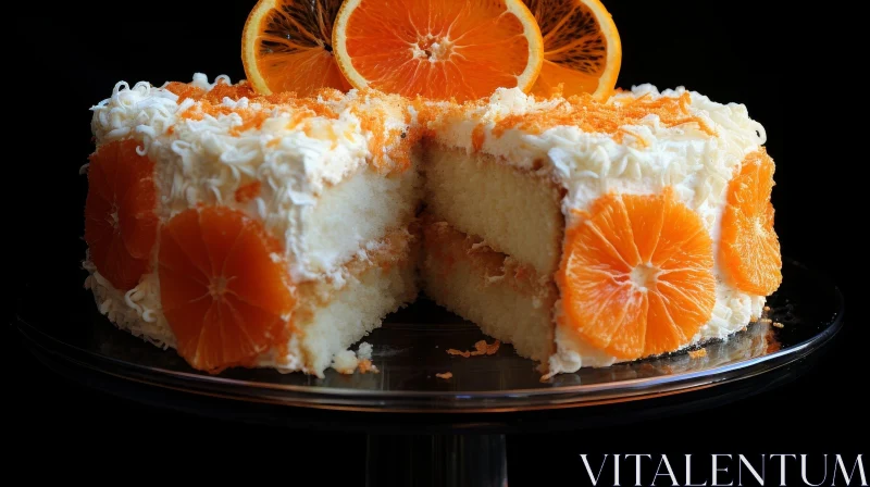 Orange Cake with White Icing on Glass Stand AI Image