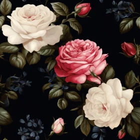 Realistic Roses Seamless Pattern on Black Background