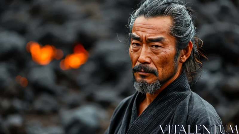 Serious Asian Man Portrait in Black Kimono AI Image
