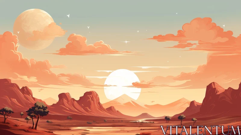 Tranquil Desert Landscape with Dual Suns Setting AI Image