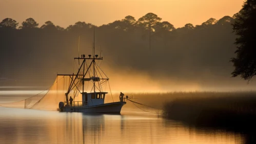 Tranquil Sunrise: Fishing Boat on River