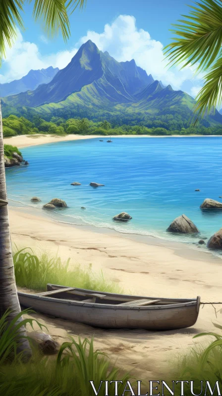 AI ART Tranquil Tropical Beach Landscape with Palm Trees and Mountains