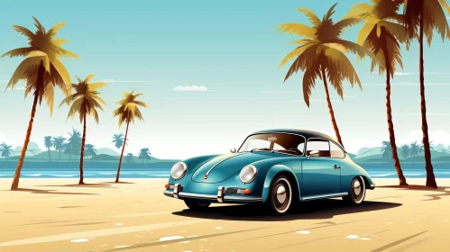 Vintage Blue Porsche 356 on Beach - Digital Illustration