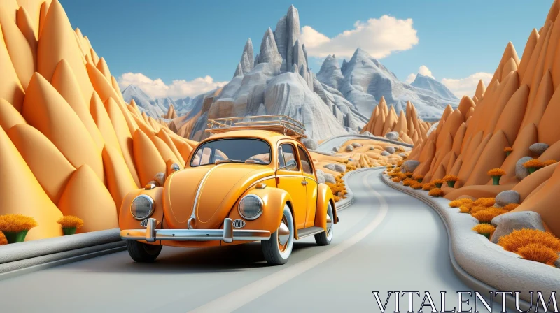 Vintage Car Driving in Mountainous Landscape AI Image