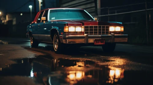 Vintage Car Night Reflection in City Street