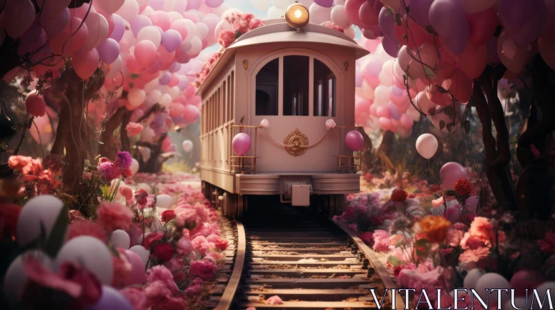 AI ART Vintage Train Amidst Cherry Blossoms with Pink Balloons