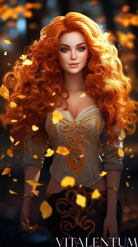 Young Woman Portrait with Red Hair and Autumn Leaves AI Image