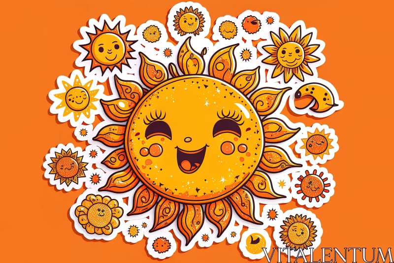 Adorable Sun Sticker with Vibrant Caricatures and Floral Motifs AI Image
