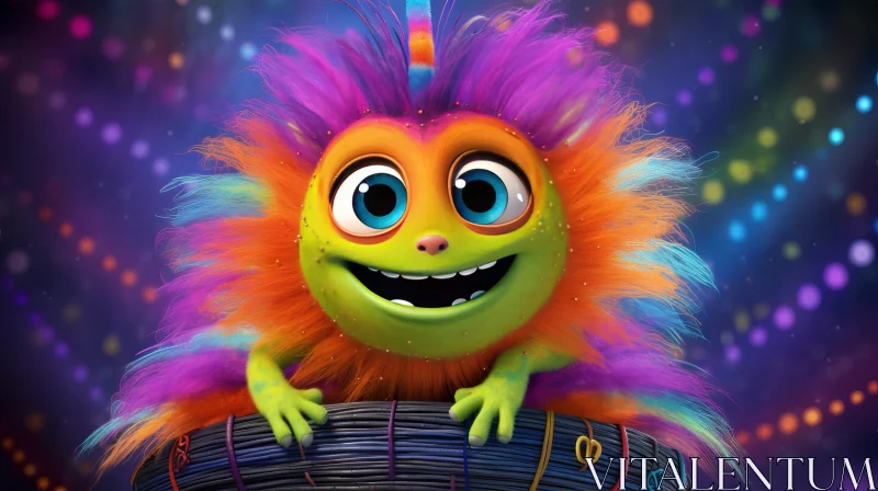 Colorful 3D Furry Creature on Woven Basket AI Image