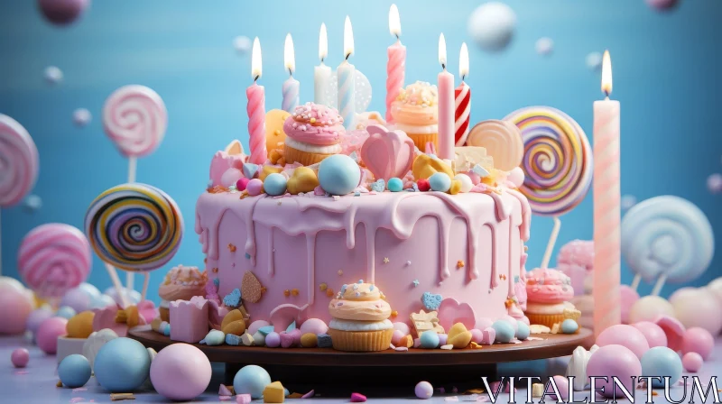Colorful Birthday Cake with Balloons and Candles AI Image